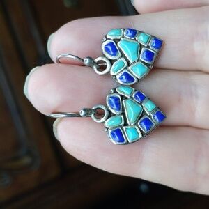 Turquoise lapis lazuli mosaic heart earrings dangle sterling silver 925